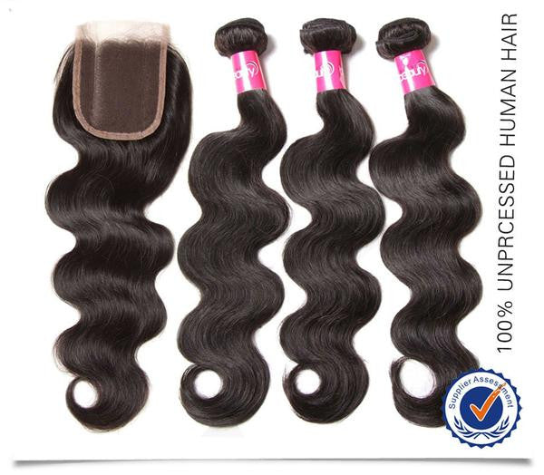 Virgin Malaysian Hair Body Wave 4 Bundles With 4*4 Lace Closure, Tangle Free, No Shedding - Sunberhair