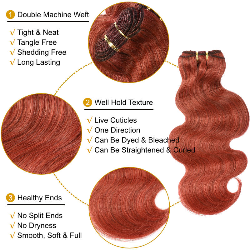 Flash Sale Sunber #33 Auburn Brown Body Wave Hair Bundles 3 Pcs Human Hair Weave details 