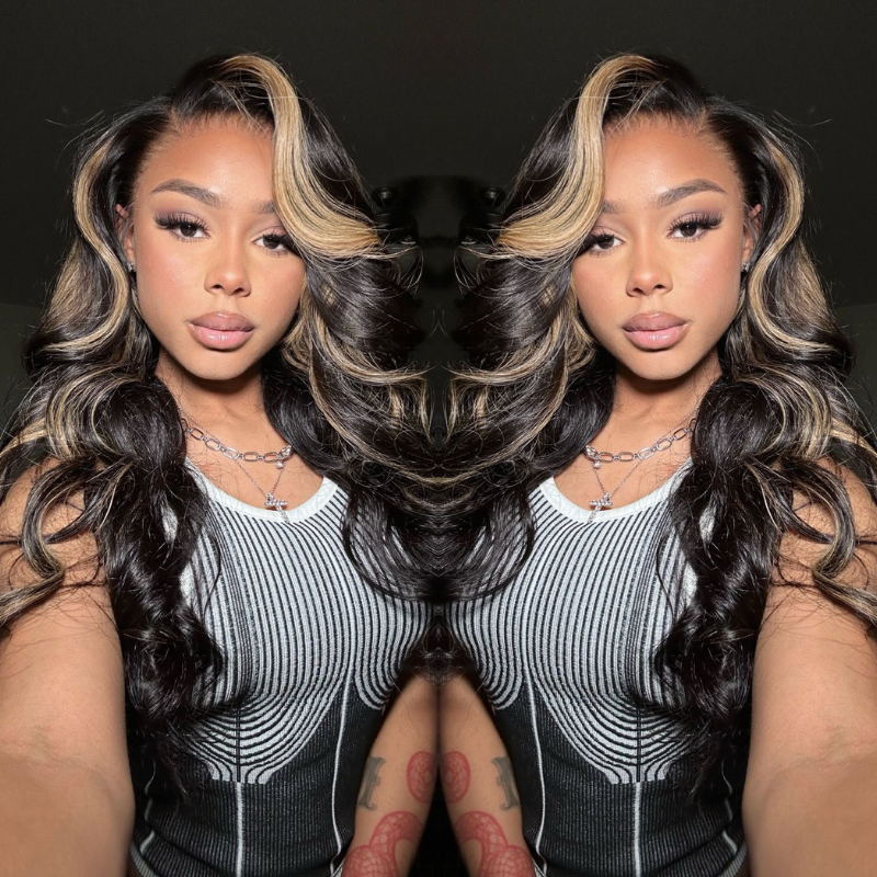 Flash Sale Sunber Chocolate Brown With Peek A Boo Blonde Highlights Lace Front Body Wave Wig
