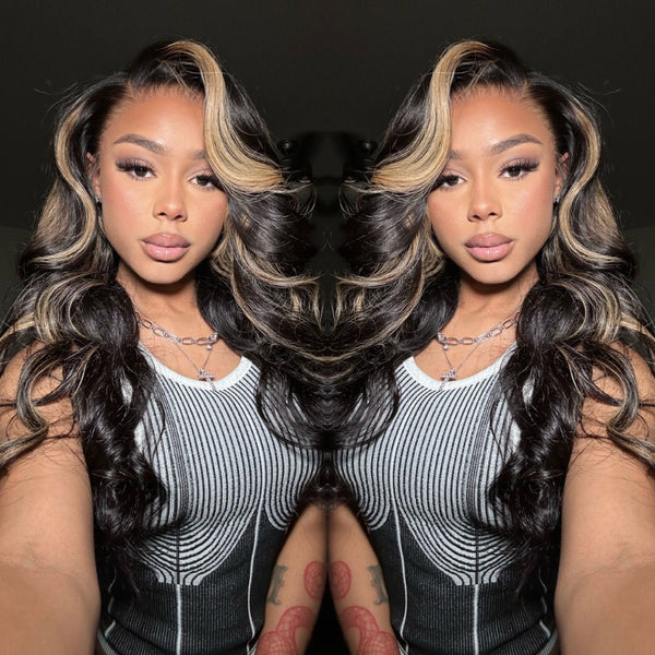 Sunber Chocolate Brown With Peek A Boo Blonde Highlights Lace Front Body Wave Wig