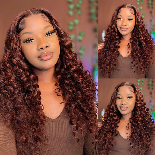 Sunber Reddish Brown Deep Wavy 13x4 Lace Front Wigs Autumn Breeze Human Hair Wigs