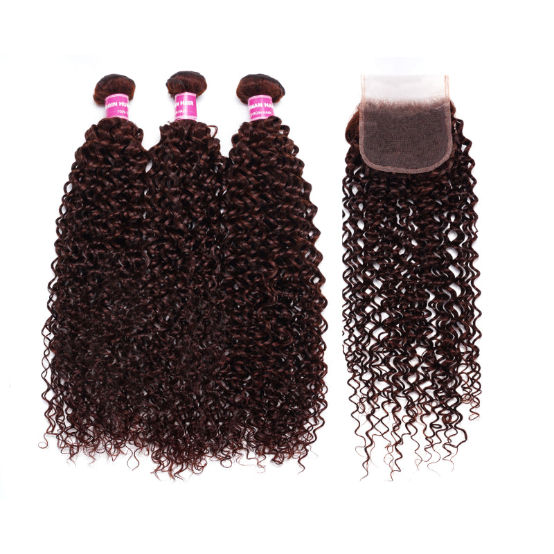Sunber Hair Reddish Brown Jerry Curly Human Hair 3Bundles with 4x4 Lace Closure