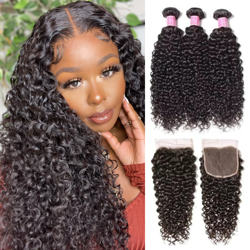 Sunber Hair Brazilian Virgin Jerry Curly Hair 3 Bundles with 4*4 Lace Closure 100% Human Hair
