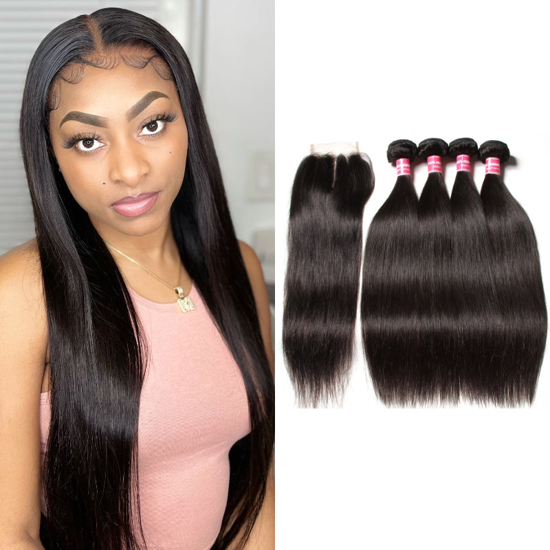 Sunber Virgin Peruvian Hair Straight Hair 4 Bundles With 4*4 Lace Closure, Hotsale Peruvian Hair Weaves