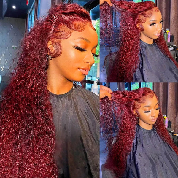 Sunber Jerry Curly 99J Red Burgundy Lace Closure Wig Lace Front Human Hair Wigs