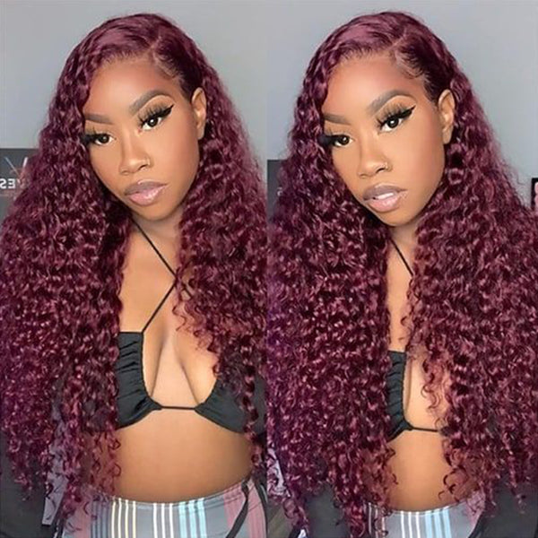 Sunber Burgundy Red 99J Deep Wave 13x4 Lace Front Wig with Baby Hair For Woman