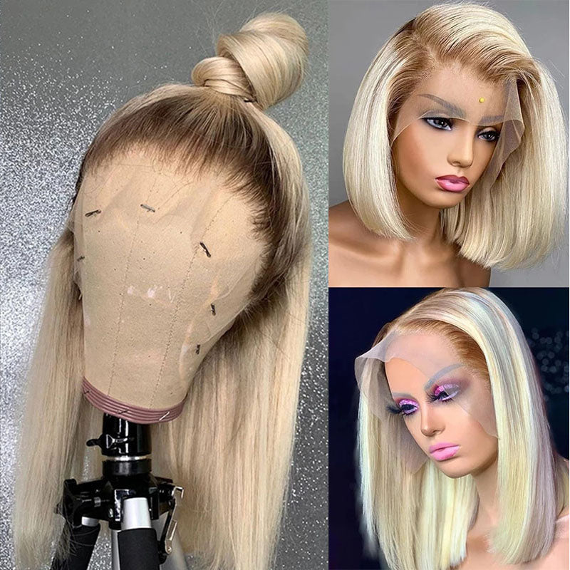 【180% Density】Flash Sale Sunber Blonde 13x4 Lace Front Straight Bob Wig With Dark Roots