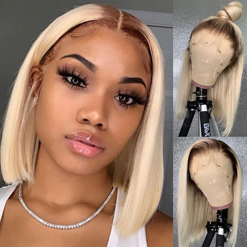 Sunber Blonde 13x4 Lace Front Straight Bob Wig With Dark Roots