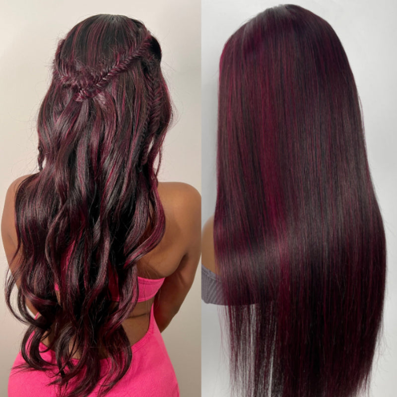 Sunber Dark And Burgundy Highlights 13x4 Lace Front Wigs With Straight Human Hair