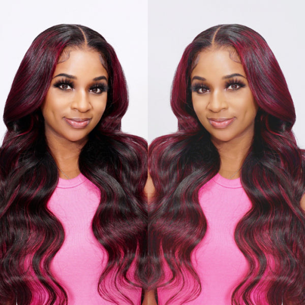 Flash Sale Sunber Dark And Burgundy Highlights 13x4 Lace Front Wigs With Straight Human Hair