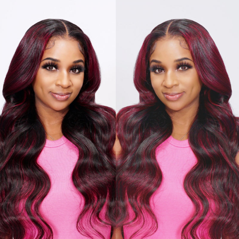 Sunber Dark And Burgundy Highlights 13x4 Lace Front Wigs With Straight Human Hair