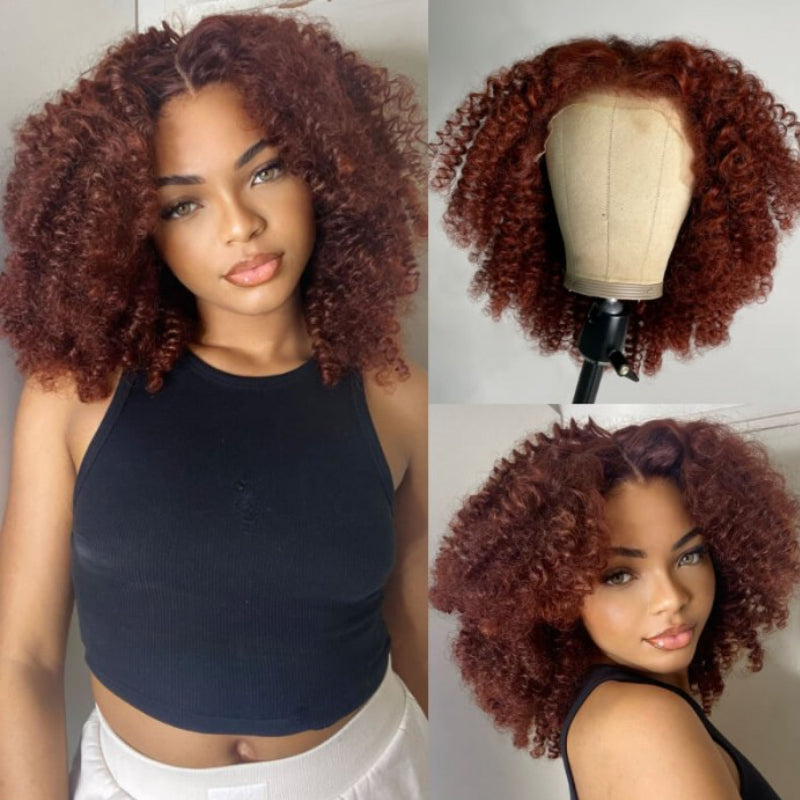 Sunber Reddish Brown Kinky Afro Puff Lace Front Wig With Natural Pre-Plucked Hairline