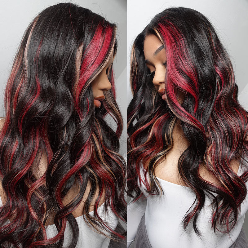 Black with Red & Blonde Body Wave Lace Wig