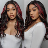 $100 OFF Sunber Black with Red & Blonde Highlights 13x4 Lace Front Human Hair Wig