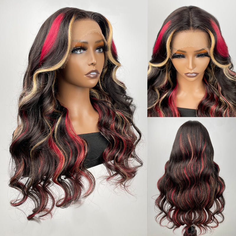 Sunber Black Hair With Blonde Red Highlights Body Wave 13x4 Lace Front Wig With Multi Color Highlights Human Hair