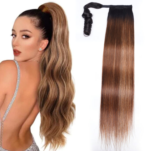 Sunber Ponytail With 1B/412 Brown Ombre Clip In Wrap-around Straight Ponytail Extension