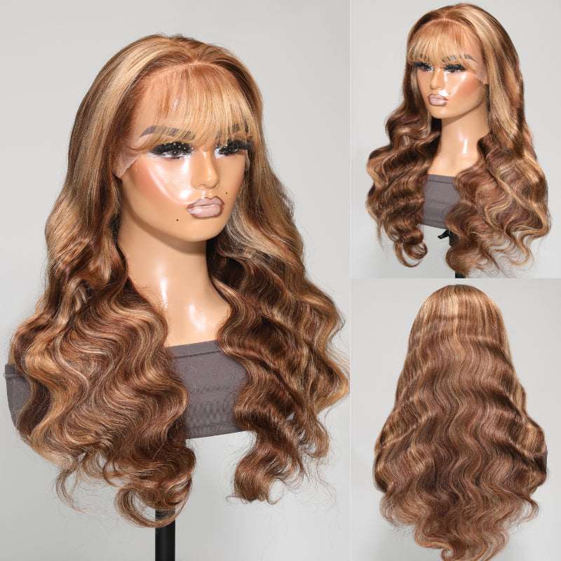 Sunber Honey Blond Highlight 13X4 Human Hair Wig With Bangs Body Wave Virgin Human Hair