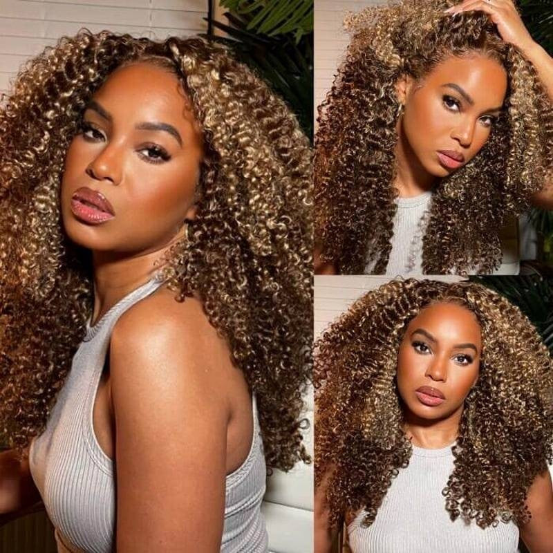 【180% Density】Flash Sale Sunber Kinky Curly Honey Blonde Highlight 13*4 Lace Front Wig Human Hair Natural Density