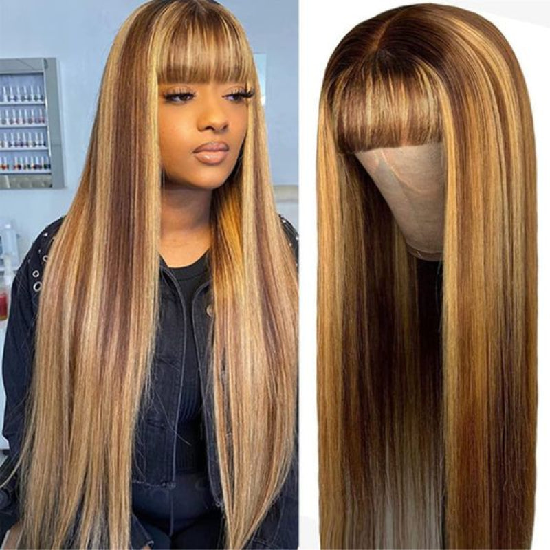 Sunber TL4/12 Honey Blond Highlight Human Hair Wig With Bangs Virgin Human Hair Lace Front Wigs