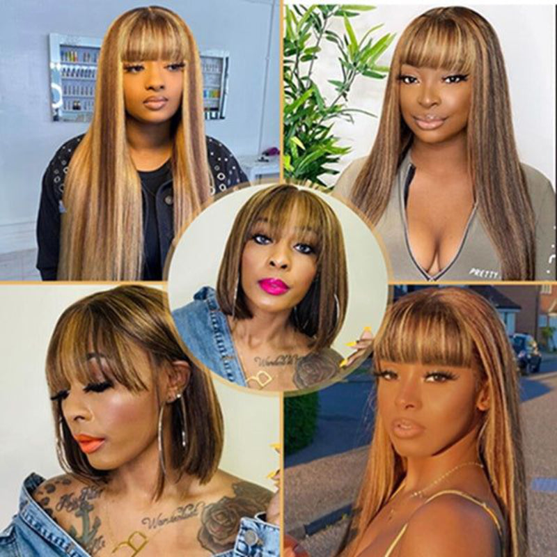 Sunber TL4/12 Honey Blond Highlight Human Hair Wig With Bangs Virgin Human Hair Lace Front Wigs