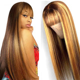 Sunber TL4/12 Honey Blond Highlight Human Hair Wig With Bangs Virgin Human Hair Lace Front Wigs