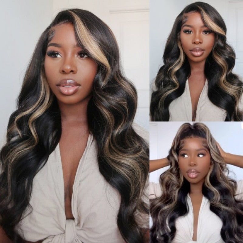 Sunber Chocolate Brown With Peek A Boo Blonde Highlights Lace Front Body Wave Wig