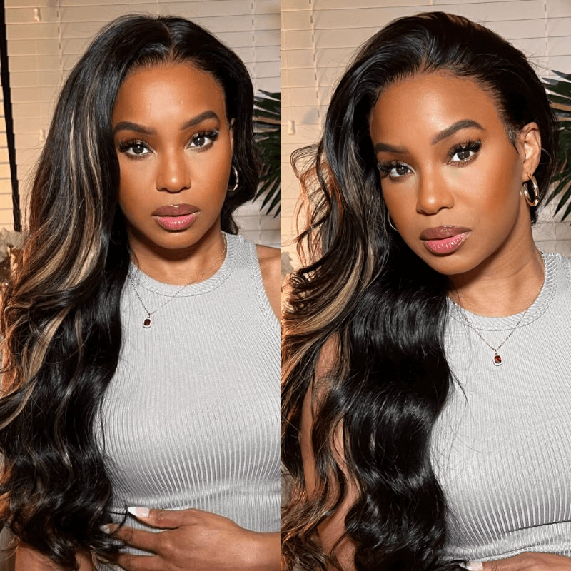 Sunber Chocolate Brown With Peek A Boo Blonde Highlights Lace Front Body Wave Wig