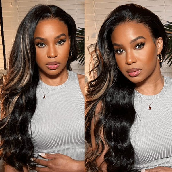$100 Off Sunber Chocolate Brown With Peek A Boo Blonde Highlights Lace Front Body Wave Wig