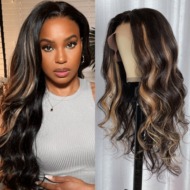 Sunber Chocolate Brown With Peek A Boo Blonde Highlights Lace Front Body Wave Wig