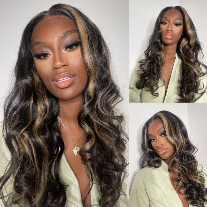 Sunber Chocolate Brown With Peek A Boo Blonde Highlights Lace Front Body Wave Wig