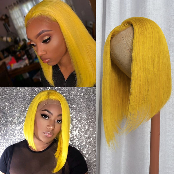 Flash Sale Sunber Lemon Yellow Straight Shoulder Length 13x4 Bob Lace Wig
