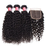 Brazilian Virgin Curly Hair 3 Bundles with 4*4 Lace Closure, 7A Cheap Brazilian Human Hair Weaves - Sunberhair