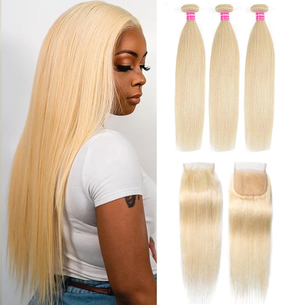 Sunber Hair 3 Bundles 613 Blonde Straight Human Hair Weaves With 4X4 Lace Closure