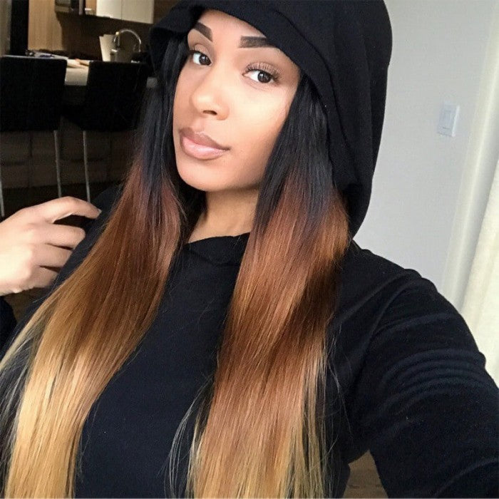 Sunber Hair Ombre Hair T1b/4/27 Color Straight Human Hair 3 Bundles with Lace Closure 100% Human Hair