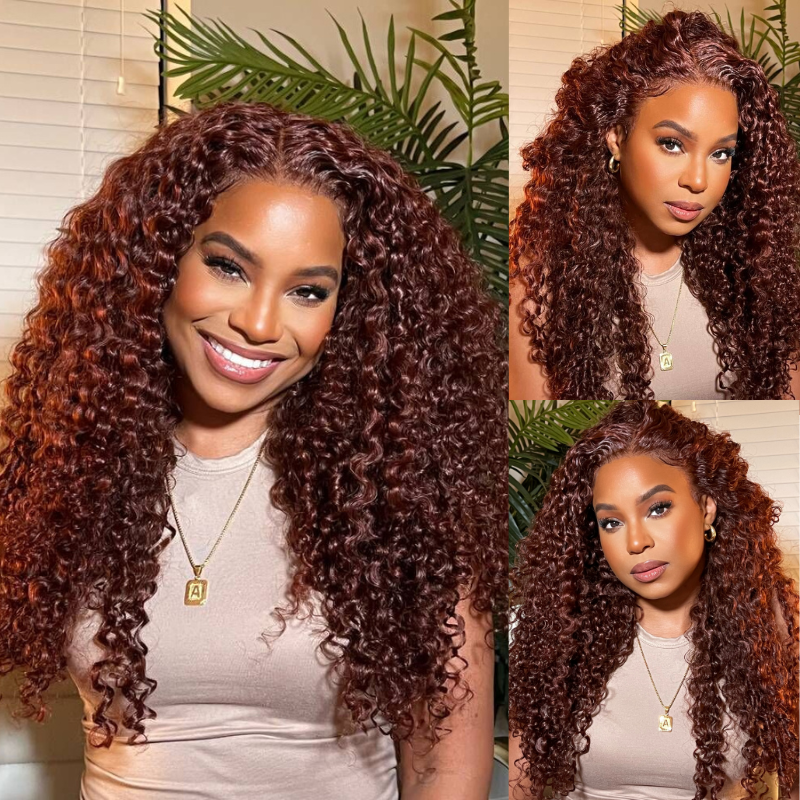 BOGO Sunber Pre-Cut Lace Reddish Brown Curly Quick & Easy Installation Glueless Wigs