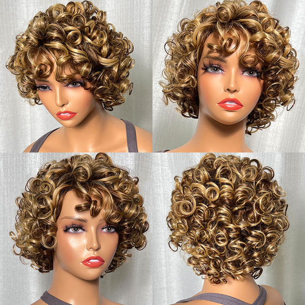 Sunber Big Curly Fluffy Brown Mixed Blonde Glueless Short Bob Wigs With Bangs