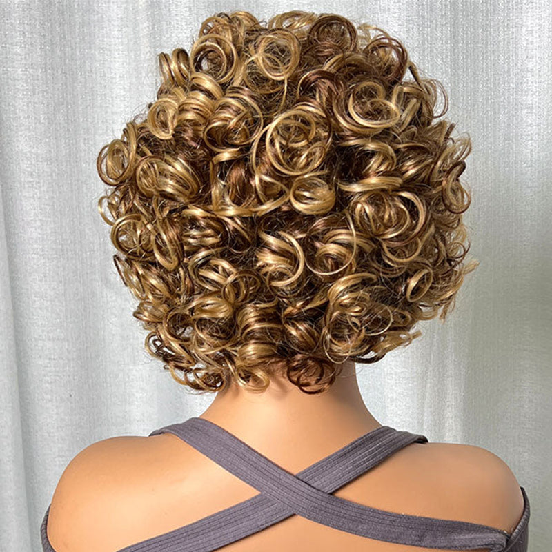 BOGO Sunber Big Curly Fluffy Brown Mixed Blonde Glueless Short Bob Wigs With Bangs