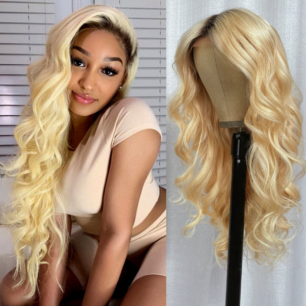 Sunber Hair Dark Roots Golden Color Loose Deep Wave 13x4 Lace Front Wigs 180% Density With Baby Hair