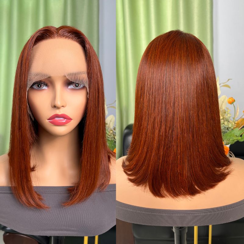 Sunber Red Brown Blunt Cut Short Bob Wig Dark Auburn Color Lace Front Wig Pre Plucked