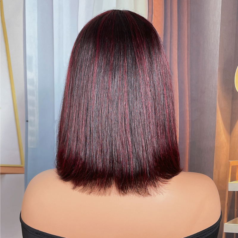 BOGO Sunber Mix Highlight Burgundy Bob Wig With Bangs