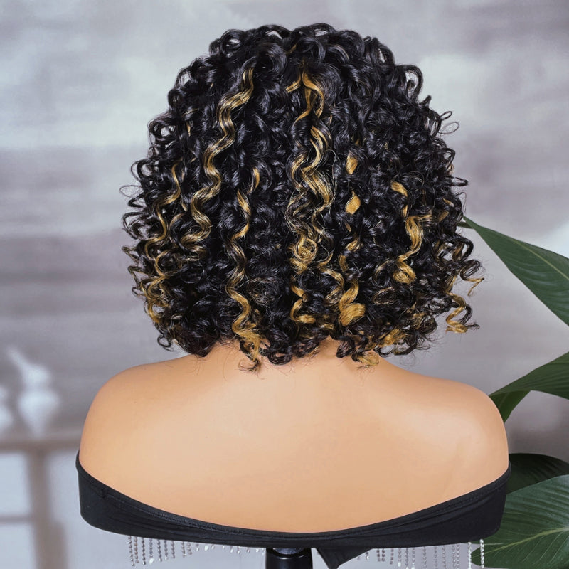 Sunber Curly Natural Black Mix With Blonde Short Bob Wigs With Bang