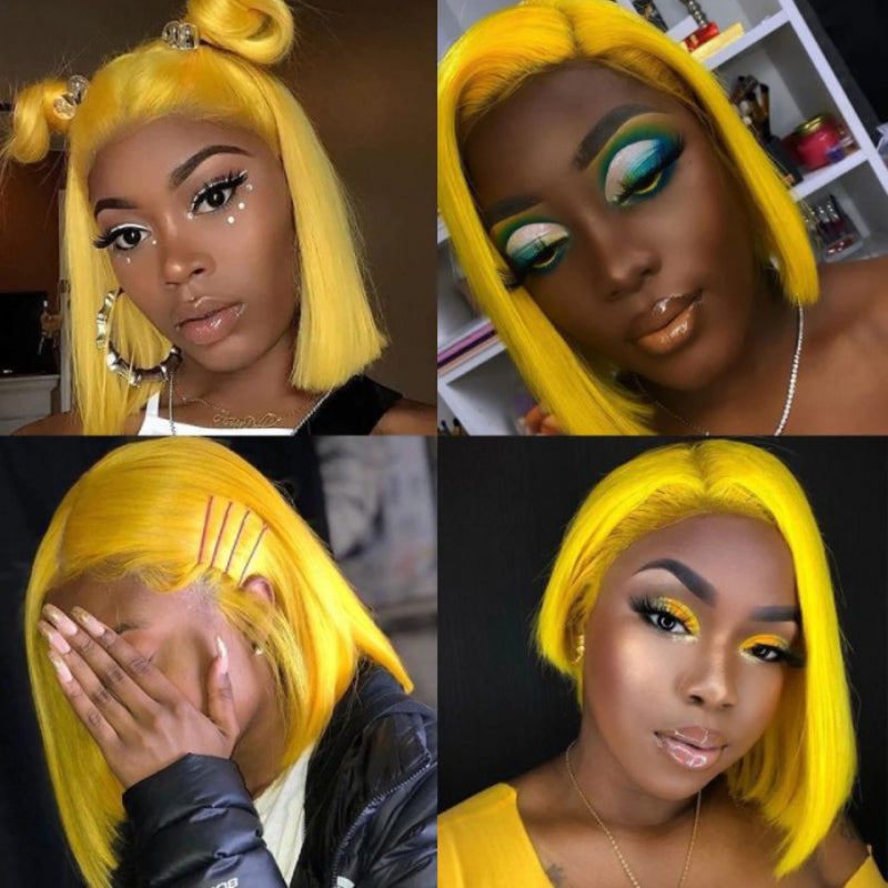 Sunber Lemon Yellow Straight Shoulder Length 13x4 Bob Lace Wig