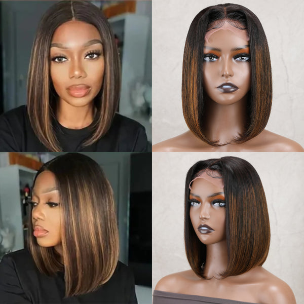 Sunber Balayage Highlight Silky Straight Short T Part Lace Bob Wig For Women