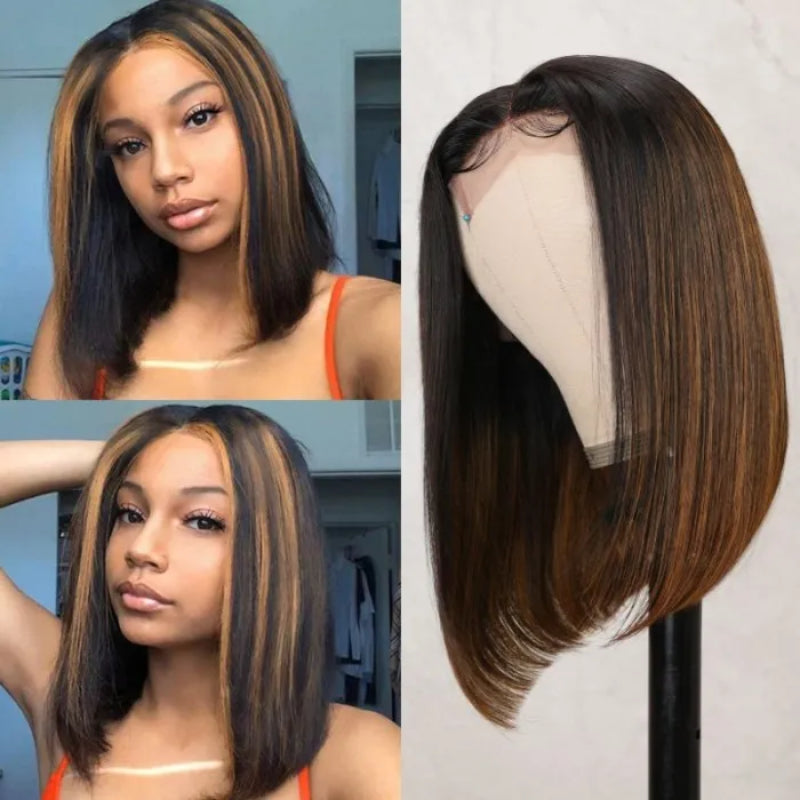 Sunber Balayage Highlight Silky Straight Short T Part Lace Bob Wig For Women