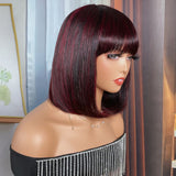 BOGO Sunber Mix Highlight Burgundy Bob Wig With Bangs