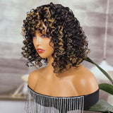 Sunber Curly Natural Black Mix With Blonde Short Bob Wigs With Bang