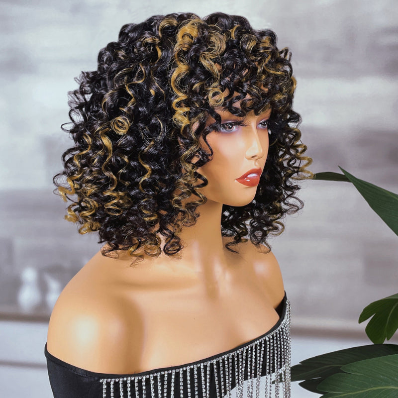 Sunber Curly Natural Black Mix With Blonde Short Bob Wigs With Bang