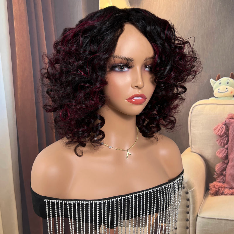 Sunber Curly Short Bob 99j Highlighted Glueless Wig With Bangs