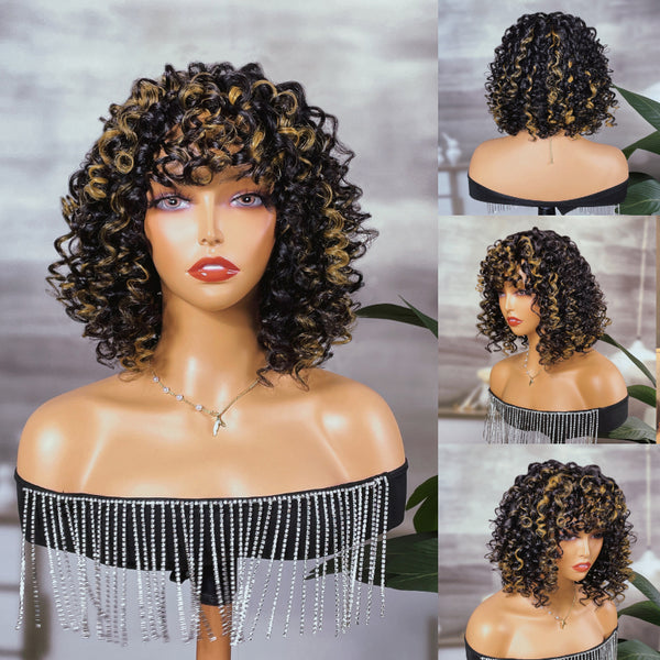 Sunber Curly Natural Black Mix With Blonde Short Bob Wigs With Bang