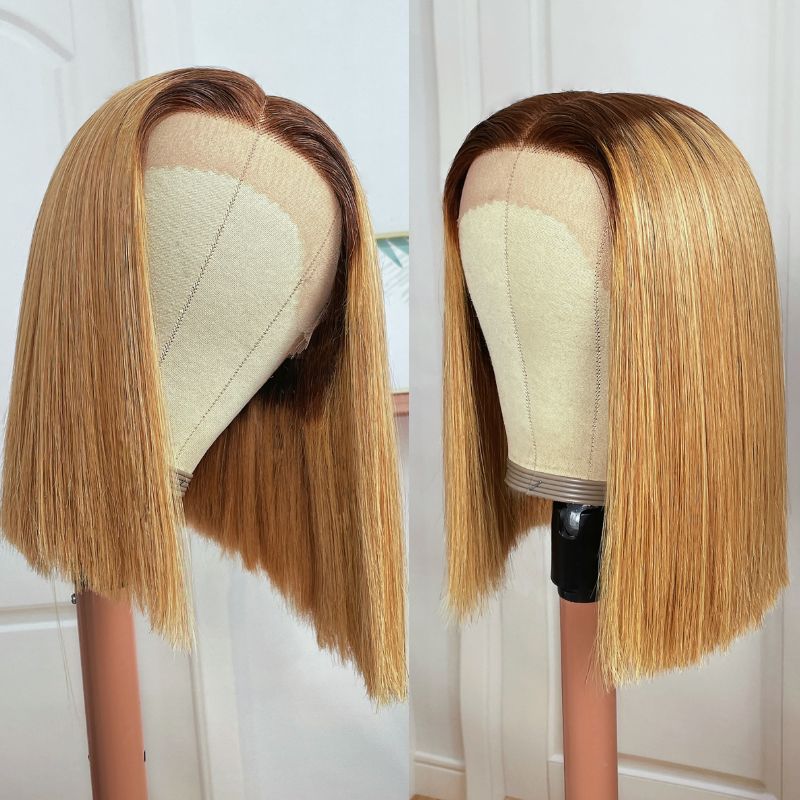 BOGO 180% Density Golden Blonde With Dark Roots T Part Lace Front Bob Wig Cost-effective Human Hair Wig